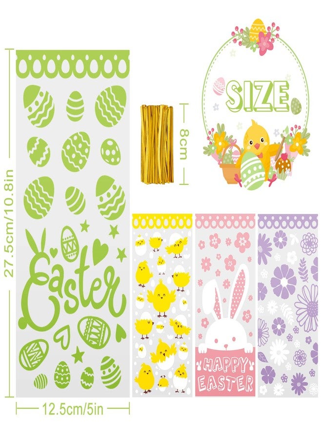 Whaline 160pcs Easter Cellophane Treat Bags with 200pcs Gold Twist Ties, Easter Egg Bunny Colorful Plastic Cello Candy Sweet Gift Chick Flower Bags for Party Table Decor, 4 Designs - Image 2